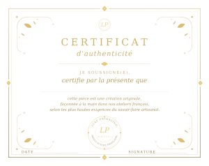 Certificat Certificat d'authenticité en dorure à chaud or sur papier ivoire, fabriqué dans nos ateliers français par Luxe Packaging