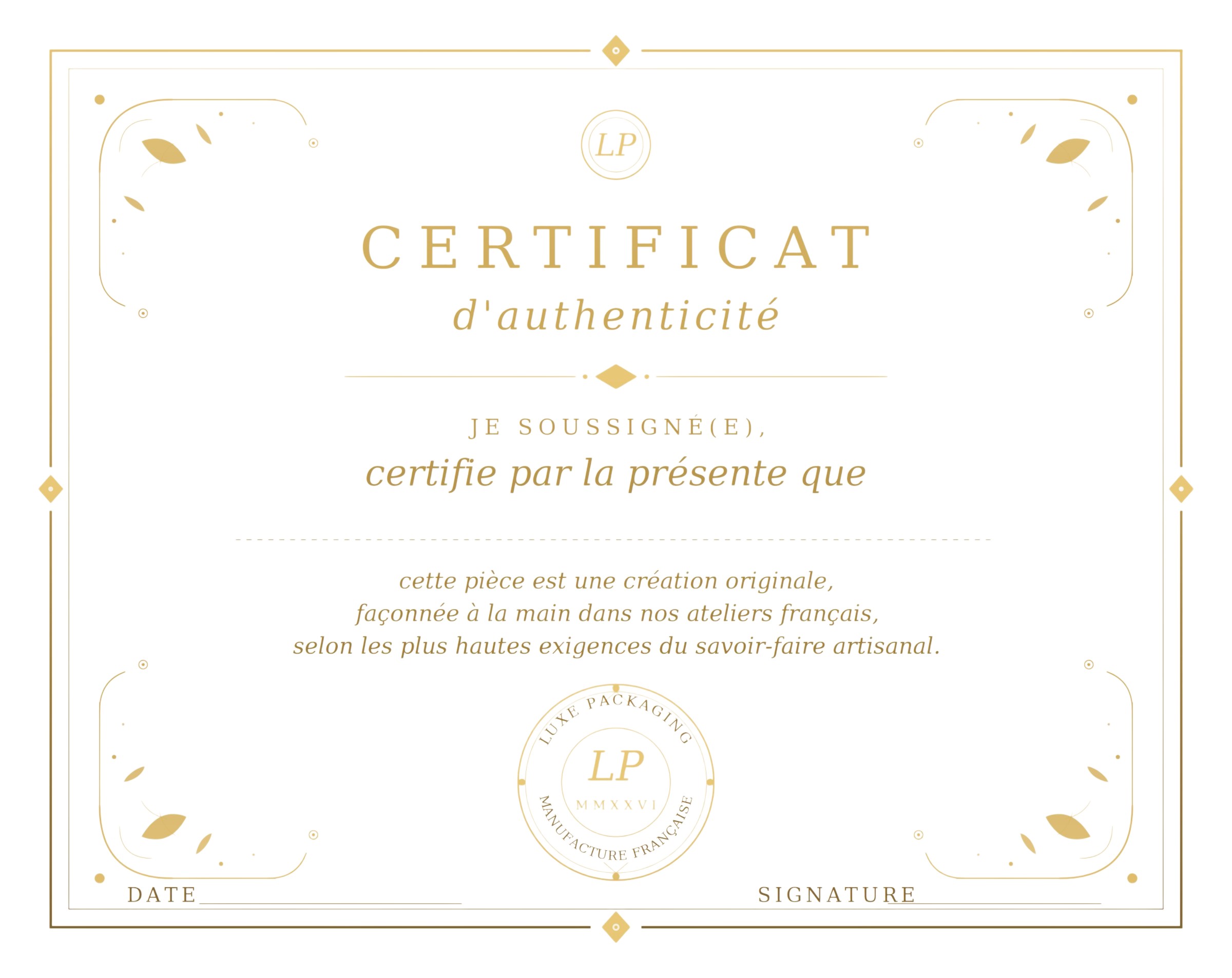 Certificat Certificat d'authenticité en dorure à chaud or sur papier ivoire, fabriqué dans nos ateliers français par Luxe Packaging