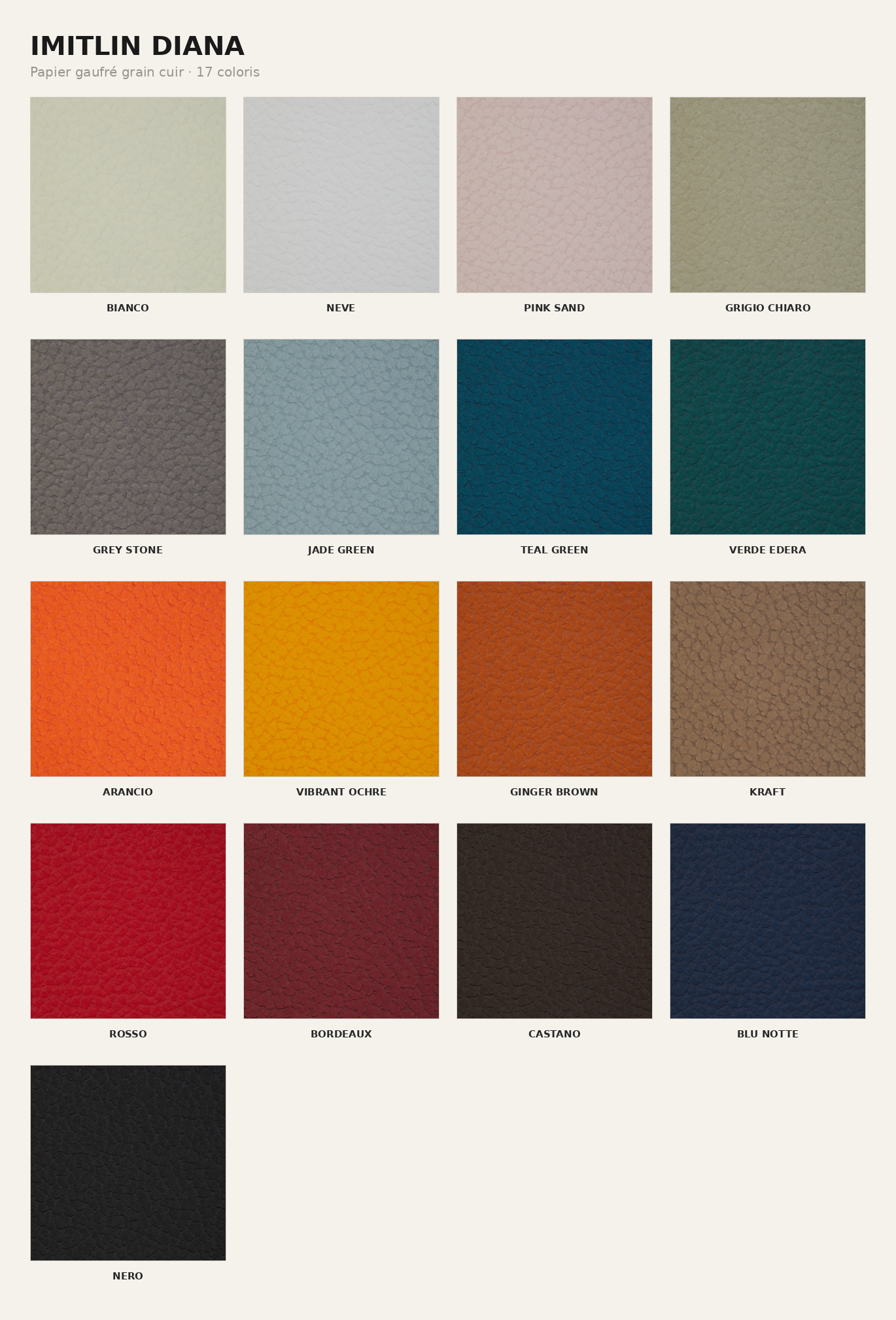 Nuancier Imitlin Diana — 17 coloris de papier au grain cuir martelé