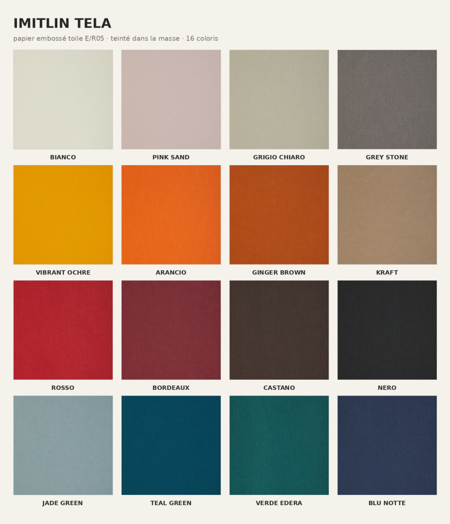 Nuancier Imitlin Tela — 16 coloris de papier toile embossé